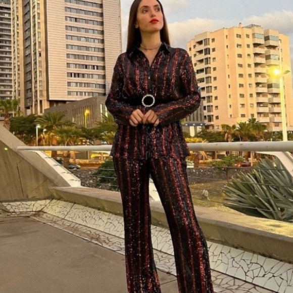 Zara sequin top black and orangey bronze button up shirt size Medium - Picture 3 of 13